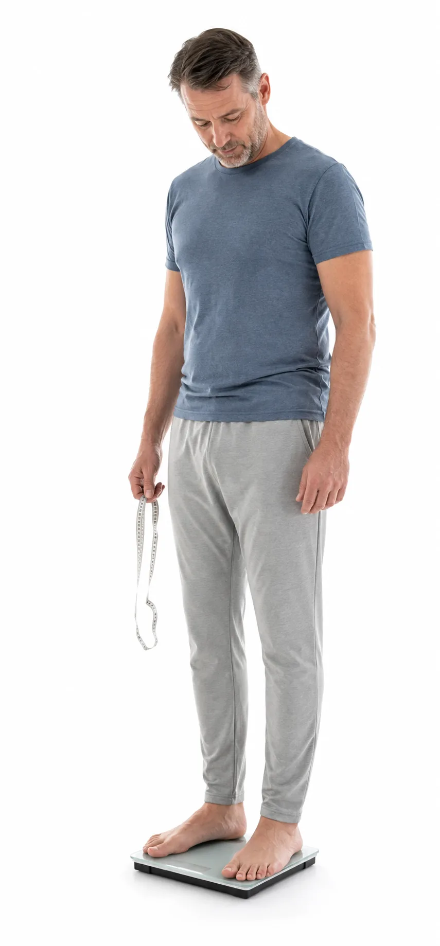 A man checking his measurement on a bathroom scale