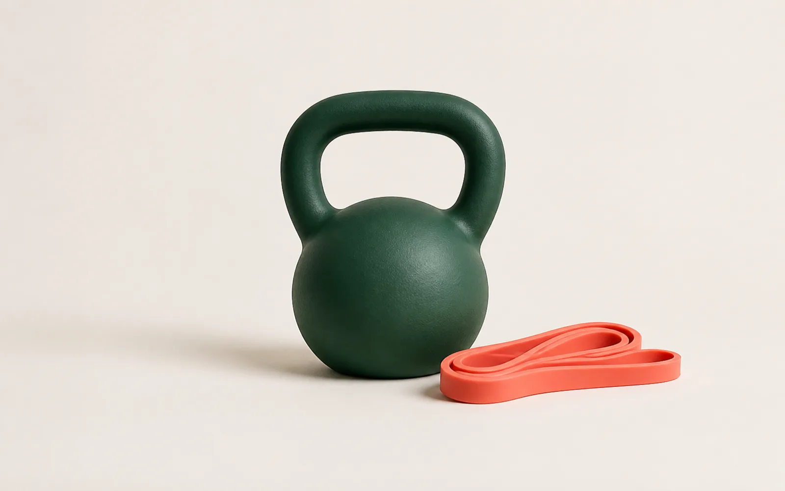 A green kettlebell with a coral resistance band