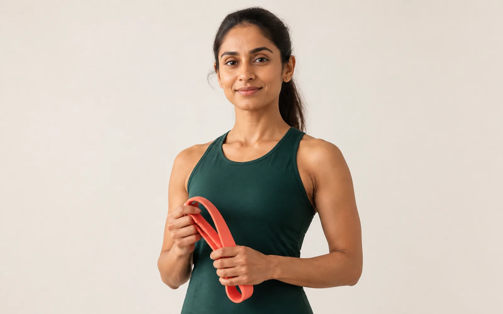 A coach holding a coral resistance band