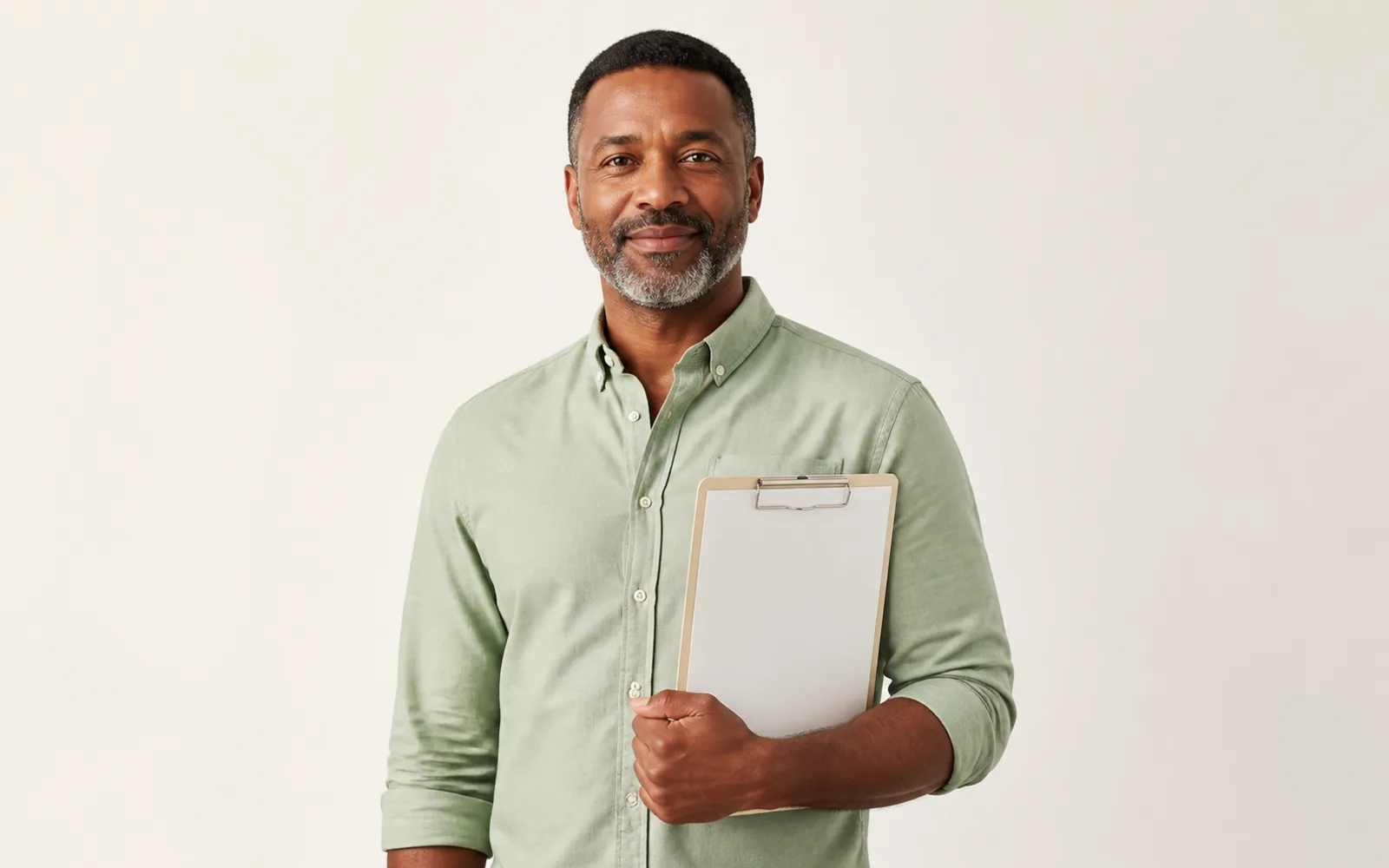 A registered dietitian holding a blank clipboard