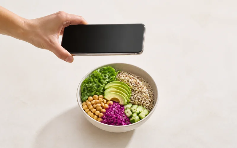 A hand quickly photographing one colorful meal